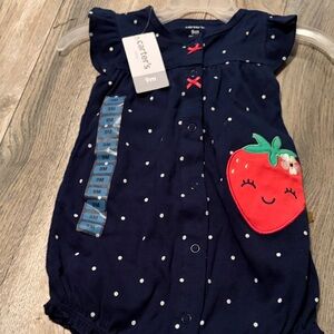 Carter's Navy Polka Dot Baby Romper with Strawberry Applique nwt